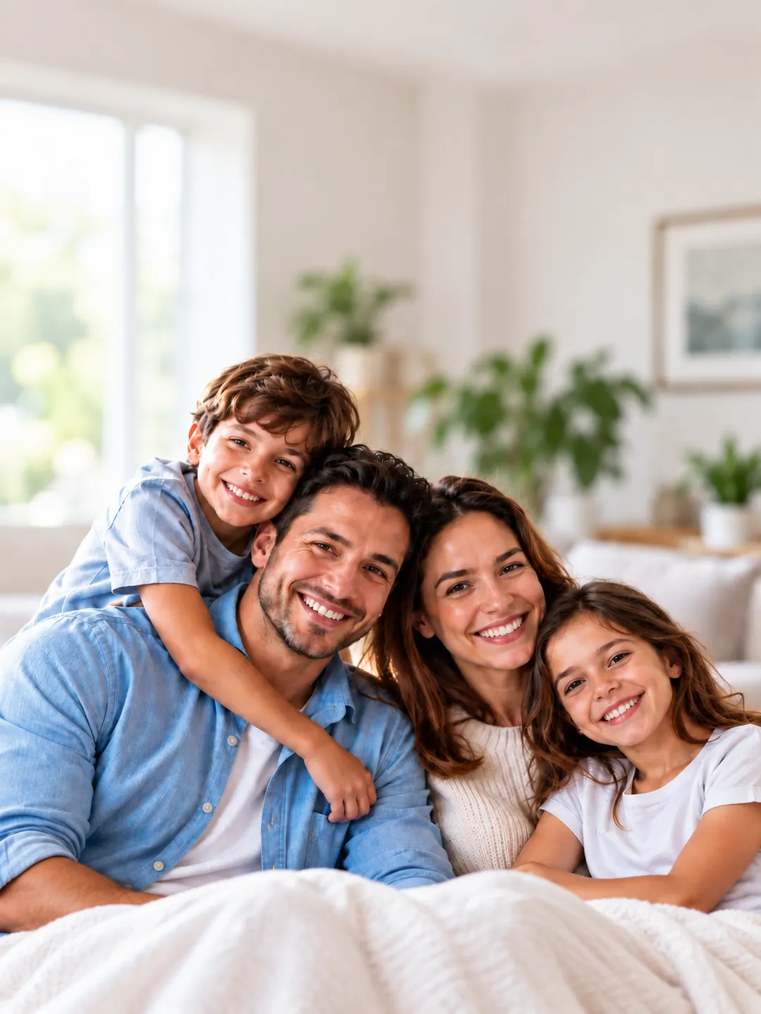 Família sorrindo reunida no sofá de casa